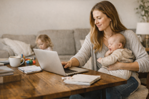 working mom working from home with baby and toddler