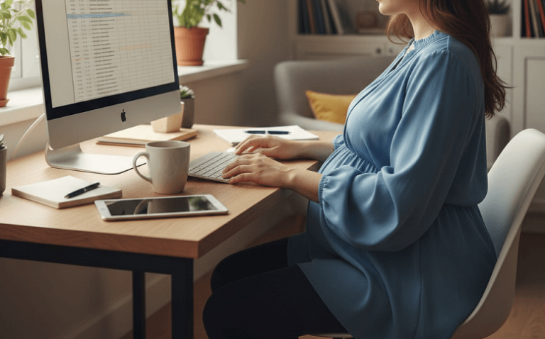 Pregnant woman sitting at a desk looking concerned while reviewing paperwork about unemployment, insurance, and finances after a layoff.